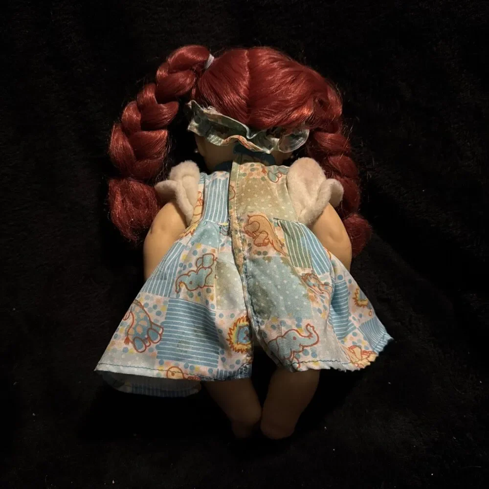 Vintage Redheaded Doll With Pigtails & Earings Blue Elephant Dress